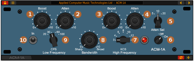 Front panel of the ACM-1A vintage program EQ plug-in for Windows and Linux