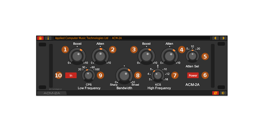 Front panel of the ACM-2A program EQ plug-in for Linux