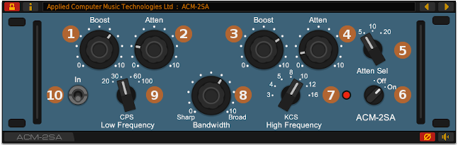 Front panel of the ACM-2SA vintage program EQ plug-in for Linux