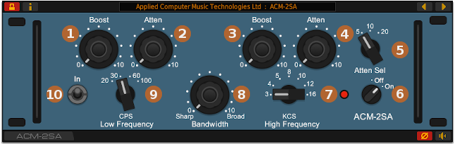 Front panel of the ACM-2SA vintage program EQ plug-in for Windows and Linux