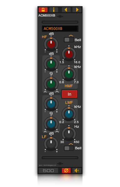 Front panel of the ACM500XB Console EQ VST plug-in for Linux