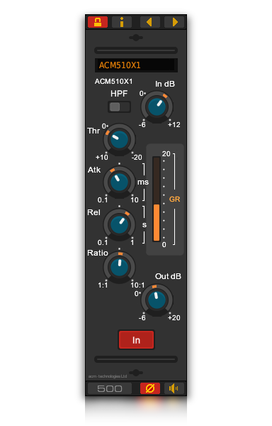 Front panel of the ACM510X1 Channel Compressor VST plug-in for Linux