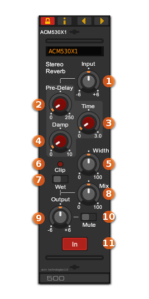 Front panel of the ACM530X1 stereo reverb VST plug-in for Linux