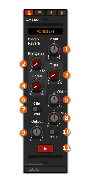 Front panel of the ACM530X1 stereo reverb VST plug-in for Windows and Linux