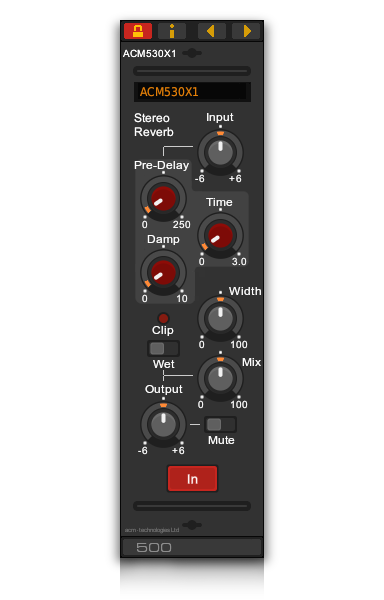 Front panel of the ACM530X1 plate reverb VST plug-in for Linux