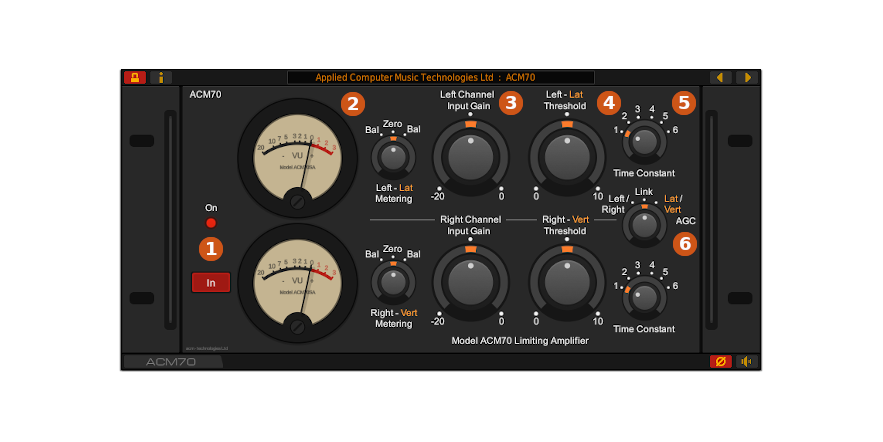 Front panel of the ACM70 vintage limiter VST plug-in for Windows and Linux