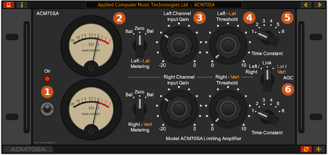 Front panel of the ACM70SA vintage limiter VST plug-in for Windows and Linux